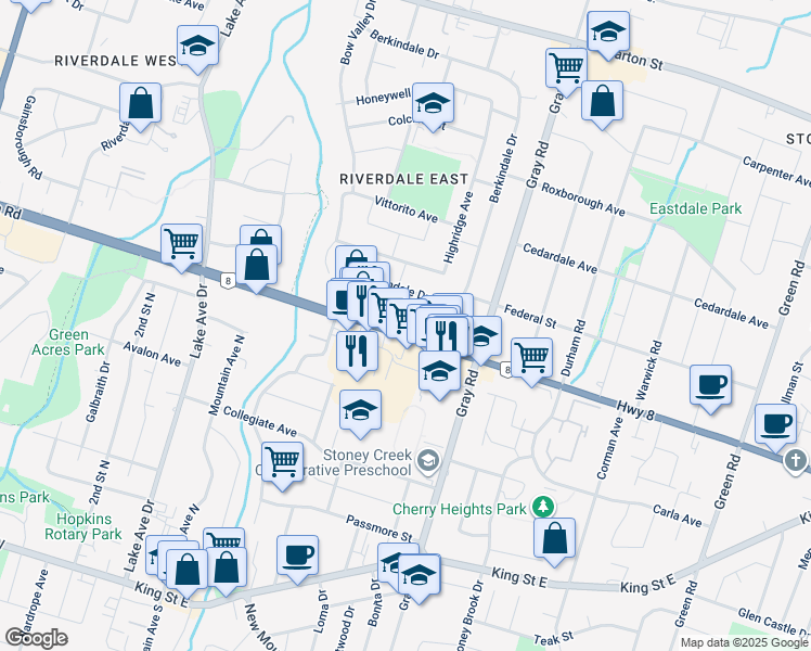 map of restaurants, bars, coffee shops, grocery stores, and more near 121 Highway 8 in Hamilton