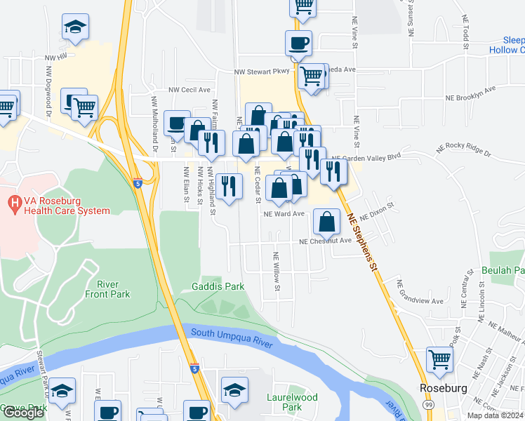 map of restaurants, bars, coffee shops, grocery stores, and more near 247 Northeast Ward Avenue in Roseburg