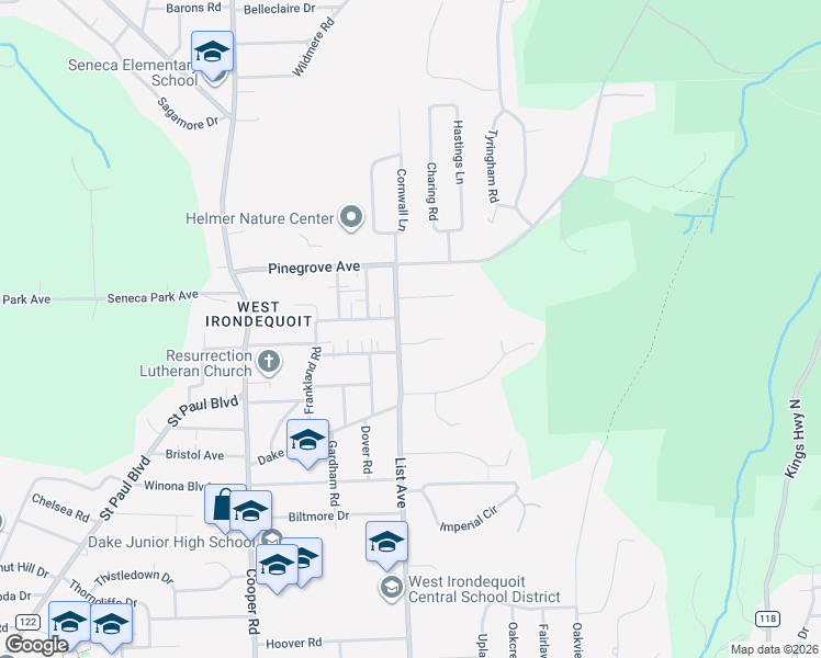 map of restaurants, bars, coffee shops, grocery stores, and more near 16 Von Deben Lane in Rochester