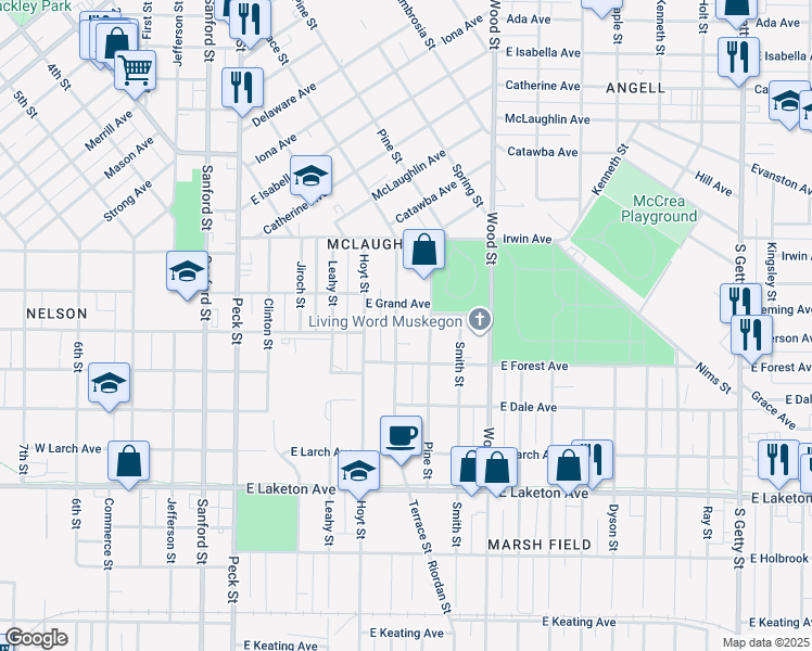 map of restaurants, bars, coffee shops, grocery stores, and more near 1564 Terrace Street in Muskegon