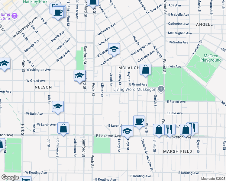 map of restaurants, bars, coffee shops, grocery stores, and more near 125 East Southern Avenue in Muskegon