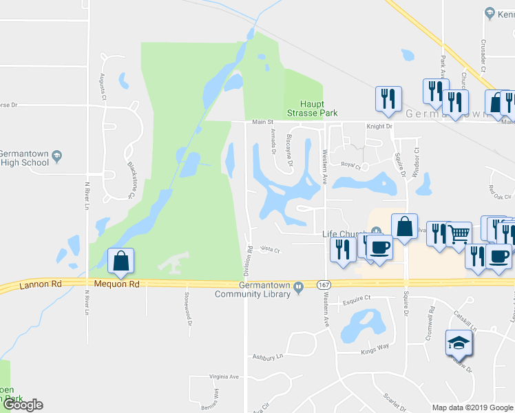 map of restaurants, bars, coffee shops, grocery stores, and more near W172N11368 Division Road in Germantown