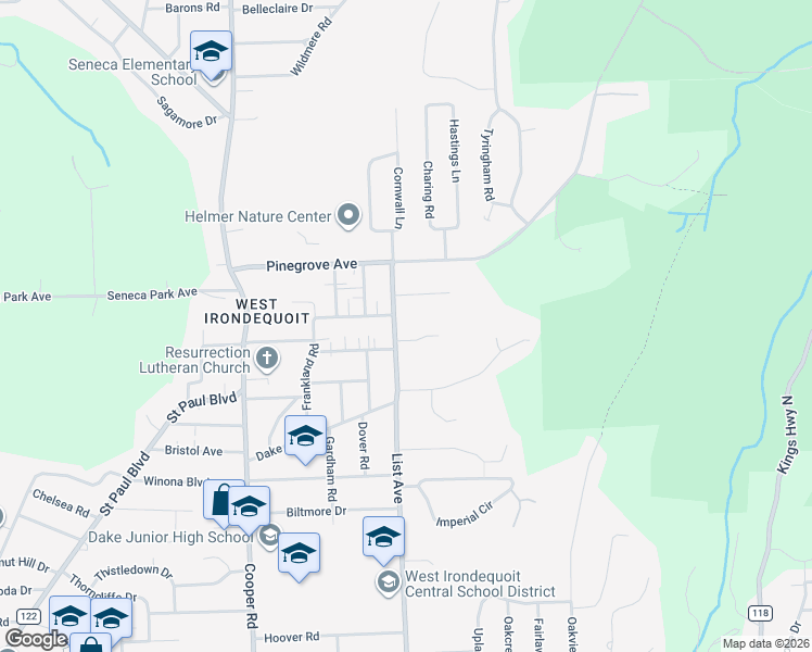 map of restaurants, bars, coffee shops, grocery stores, and more near 16 Von Deben Lane in Rochester