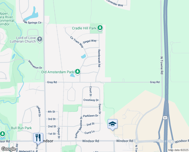 map of restaurants, bars, coffee shops, grocery stores, and more near 6875 Rembrandt Road in DeForest