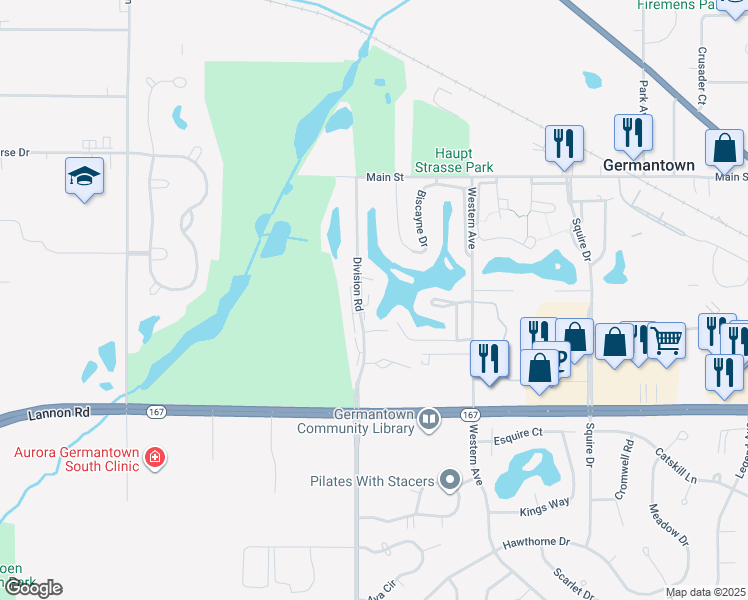 map of restaurants, bars, coffee shops, grocery stores, and more near W172N11392 Division Road in Germantown