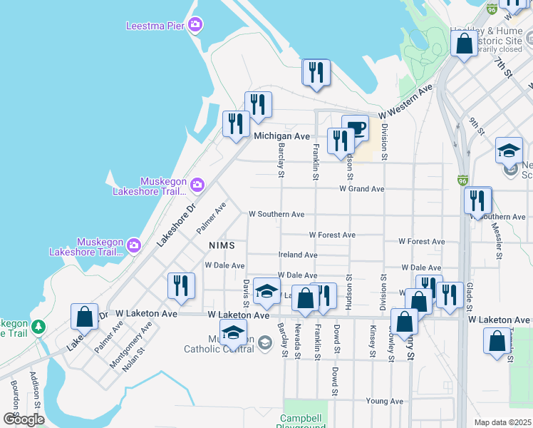 map of restaurants, bars, coffee shops, grocery stores, and more near 1161 West Southern Avenue in Muskegon