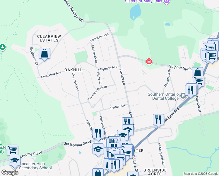map of restaurants, bars, coffee shops, grocery stores, and more near 50 Terrence Park Drive in Hamilton