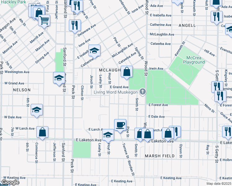 map of restaurants, bars, coffee shops, grocery stores, and more near 1564 Terrace Street in Muskegon