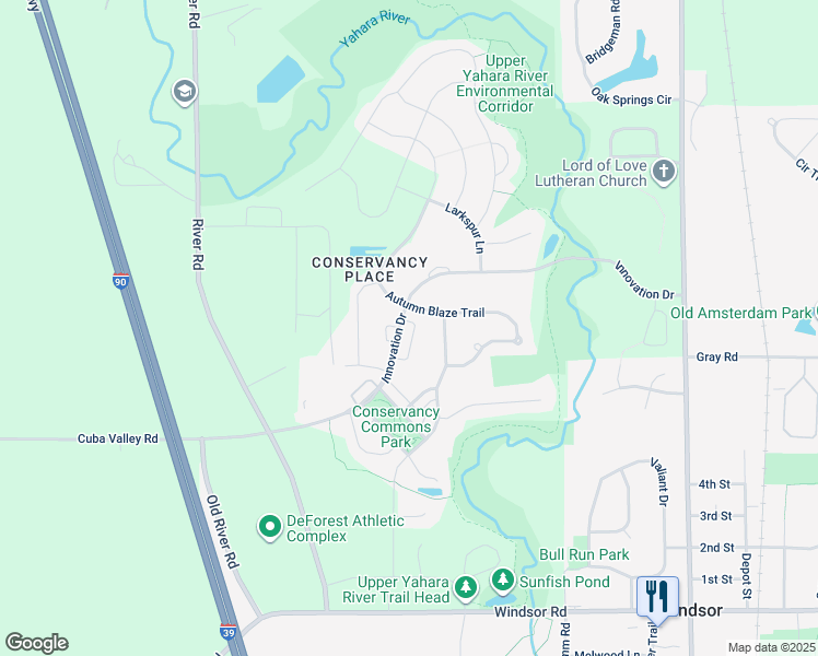 map of restaurants, bars, coffee shops, grocery stores, and more near 4815 Innovation Drive in DeForest