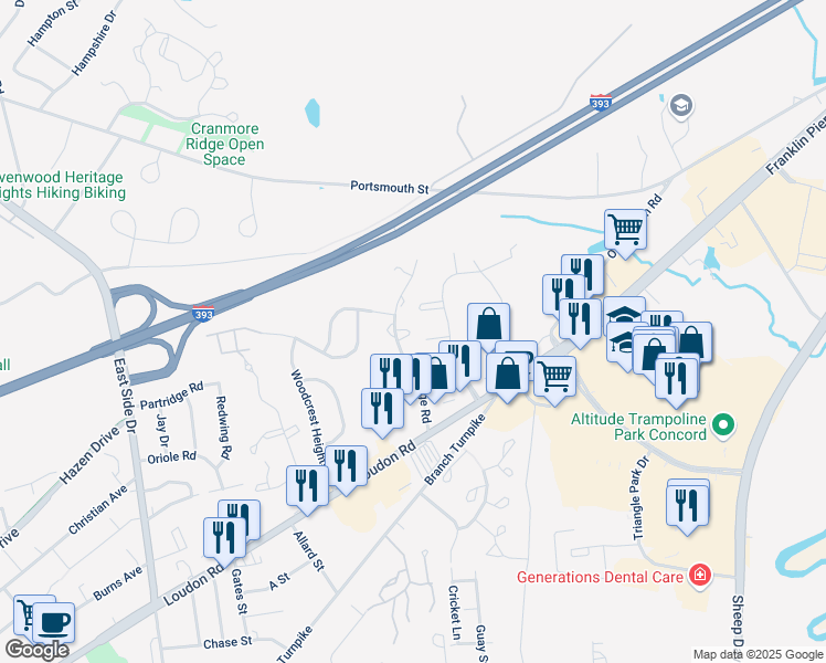 map of restaurants, bars, coffee shops, grocery stores, and more near 227 Loudon Road in Concord