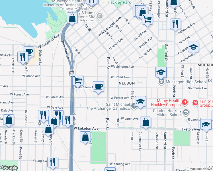 map of restaurants, bars, coffee shops, grocery stores, and more near 1543 Park Street in Muskegon