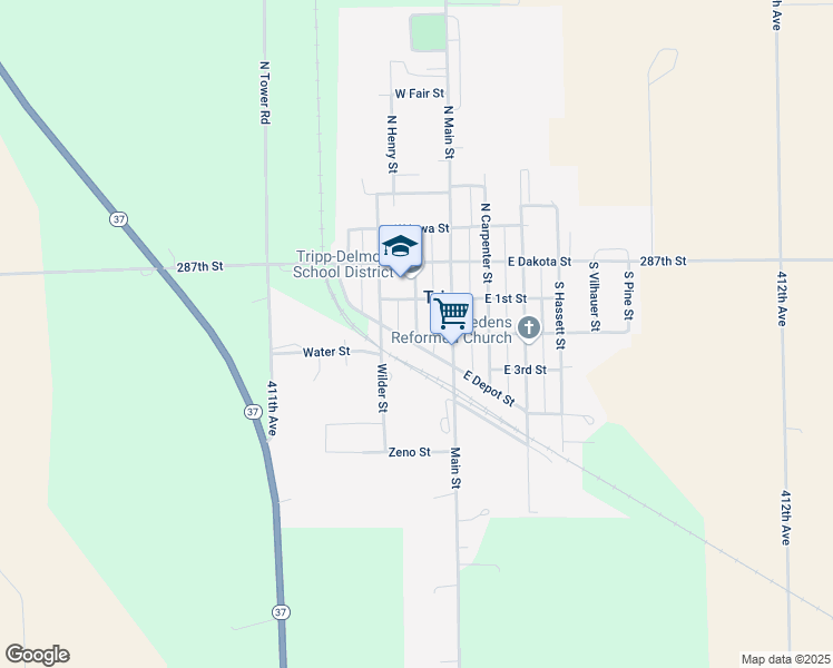 map of restaurants, bars, coffee shops, grocery stores, and more near 105 South Sloan Street in Tripp