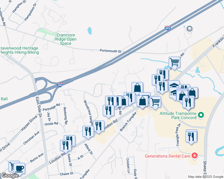 map of restaurants, bars, coffee shops, grocery stores, and more near 55 Northeast Village Road in Concord