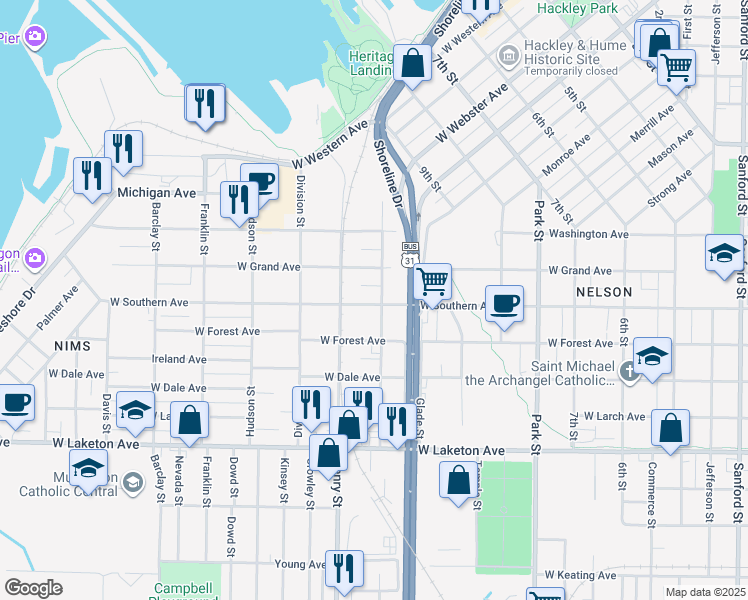 map of restaurants, bars, coffee shops, grocery stores, and more near 767 West Southern Avenue in Muskegon