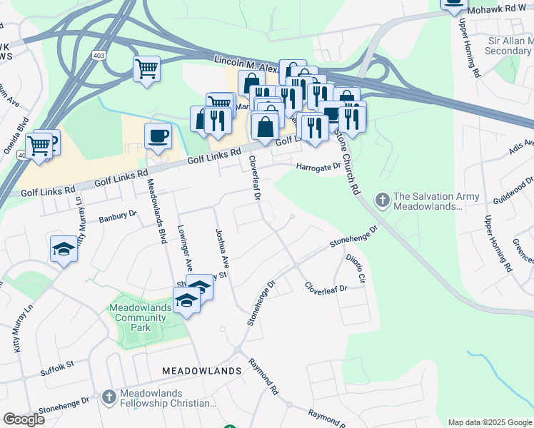 map of restaurants, bars, coffee shops, grocery stores, and more near 99 Cloverleaf Drive in Hamilton