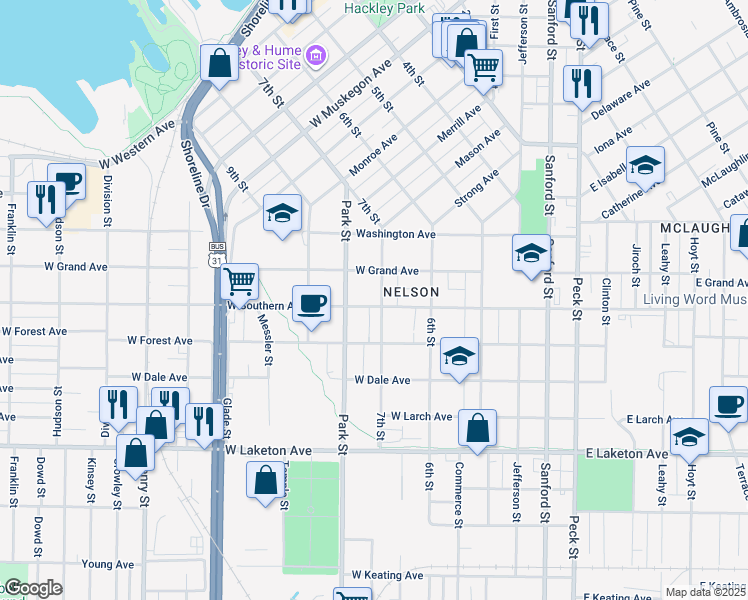 map of restaurants, bars, coffee shops, grocery stores, and more near 372 West Southern Avenue in Muskegon