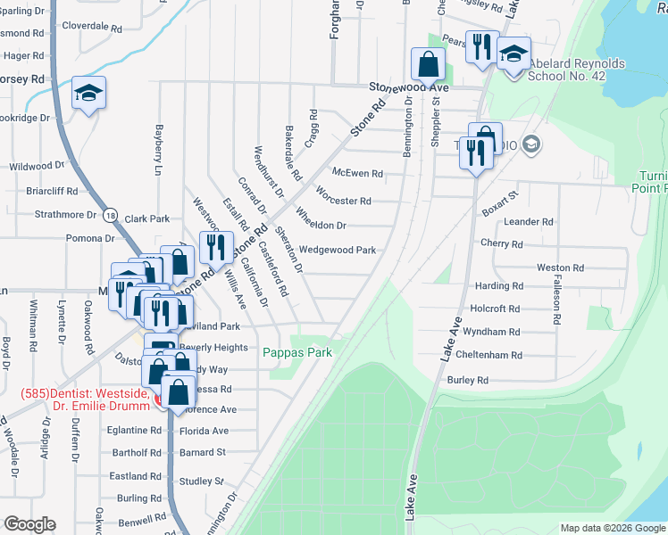 map of restaurants, bars, coffee shops, grocery stores, and more near 64 Chippendale Road in Rochester