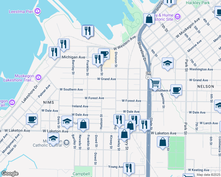 map of restaurants, bars, coffee shops, grocery stores, and more near 902 West Southern Avenue in Muskegon