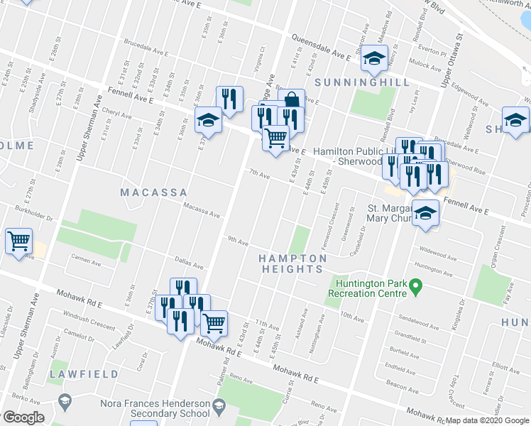 map of restaurants, bars, coffee shops, grocery stores, and more near 337 East 42nd Street in Hamilton