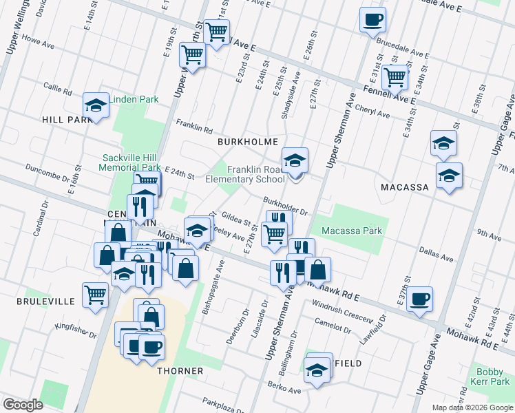 map of restaurants, bars, coffee shops, grocery stores, and more near 538 East 27th Street in Hamilton