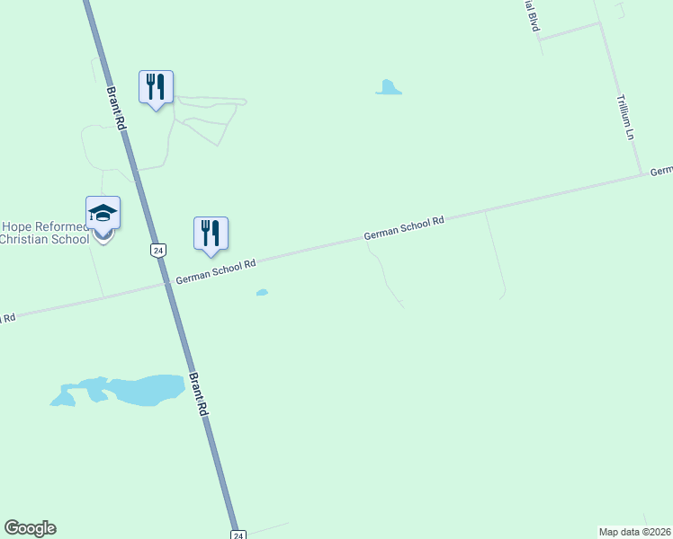 map of restaurants, bars, coffee shops, grocery stores, and more near 284 German School Road in Brant