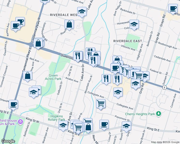map of restaurants, bars, coffee shops, grocery stores, and more near 100 Mountain Avenue North in Hamilton