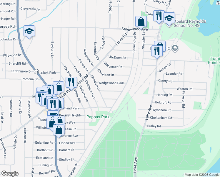 map of restaurants, bars, coffee shops, grocery stores, and more near 85 Chippendale Road in Rochester