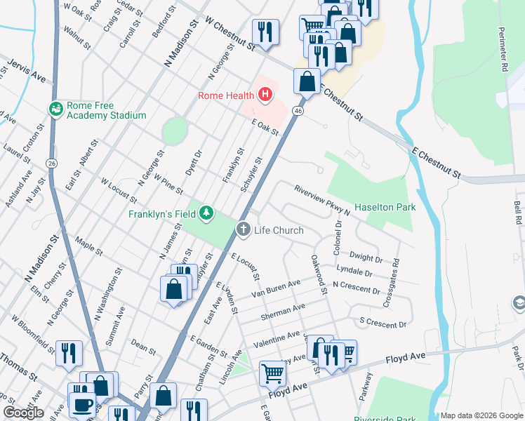map of restaurants, bars, coffee shops, grocery stores, and more near 143 Riverview Parkway North in Rome