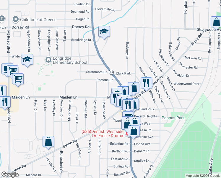 map of restaurants, bars, coffee shops, grocery stores, and more near 98 Maiden Lane in Rochester