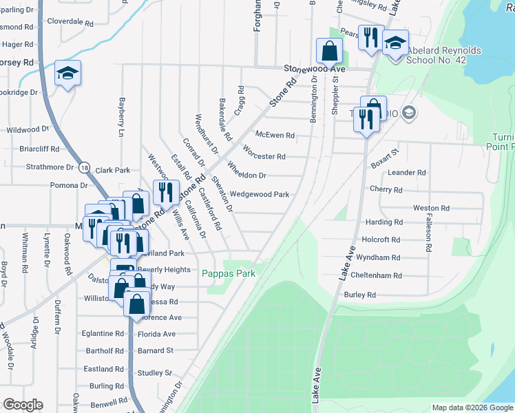 map of restaurants, bars, coffee shops, grocery stores, and more near 85 Chippendale Road in Rochester