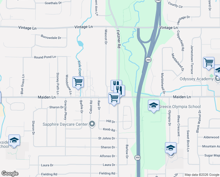 map of restaurants, bars, coffee shops, grocery stores, and more near 1340 Maiden Lane in Rochester