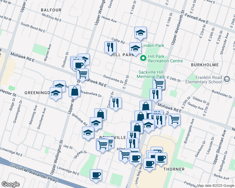 map of restaurants, bars, coffee shops, grocery stores, and more near 27 Cardinal Drive in Hamilton