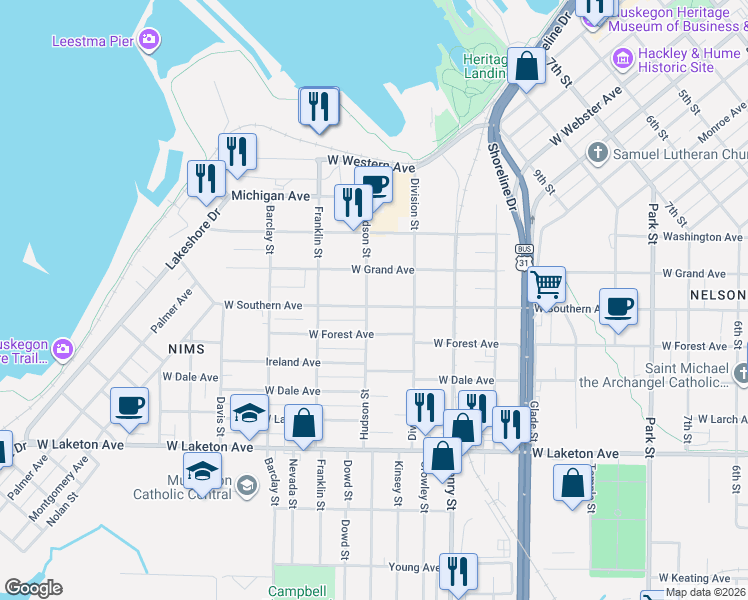 map of restaurants, bars, coffee shops, grocery stores, and more near 1575 Hudson Street in Muskegon