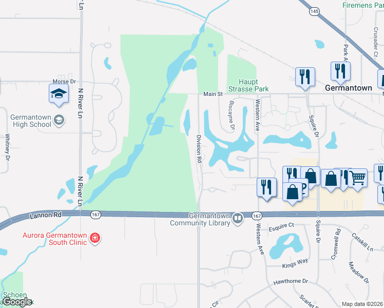 map of restaurants, bars, coffee shops, grocery stores, and more near W172N11373 Division Road in Germantown