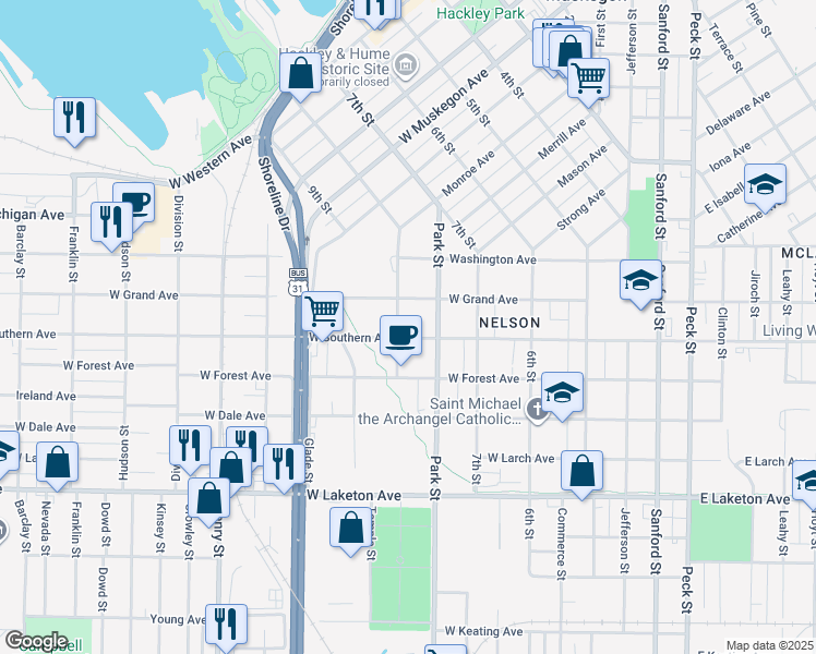 map of restaurants, bars, coffee shops, grocery stores, and more near 509 West Southern Avenue in Muskegon
