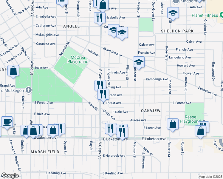 map of restaurants, bars, coffee shops, grocery stores, and more near 865 Emerson Avenue in Muskegon