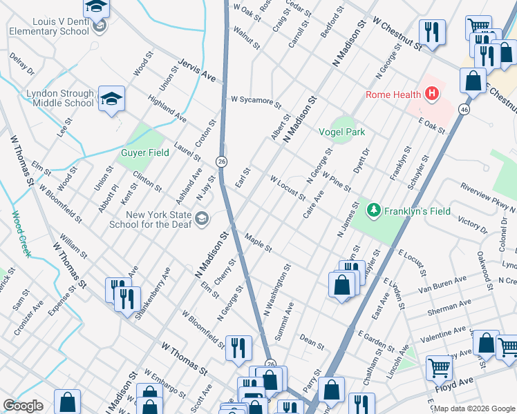 map of restaurants, bars, coffee shops, grocery stores, and more near 305 West Linden Street in Rome