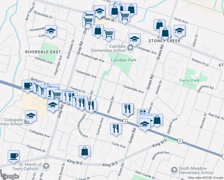 map of restaurants, bars, coffee shops, grocery stores, and more near in Hamilton