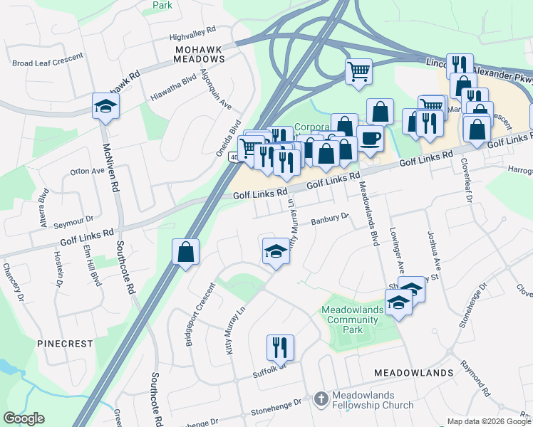 map of restaurants, bars, coffee shops, grocery stores, and more near 30 Steeplechase Drive in Hamilton