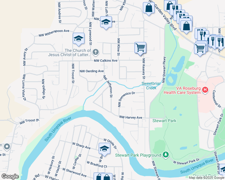 map of restaurants, bars, coffee shops, grocery stores, and more near 1371 Northwest Jefferson Street in Roseburg