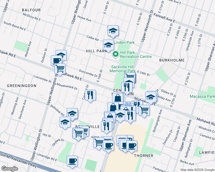 map of restaurants, bars, coffee shops, grocery stores, and more near 317 Mohawk Road East in Hamilton