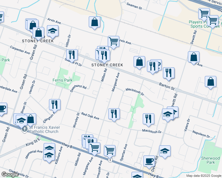 map of restaurants, bars, coffee shops, grocery stores, and more near 271 Margaret Avenue in Hamilton