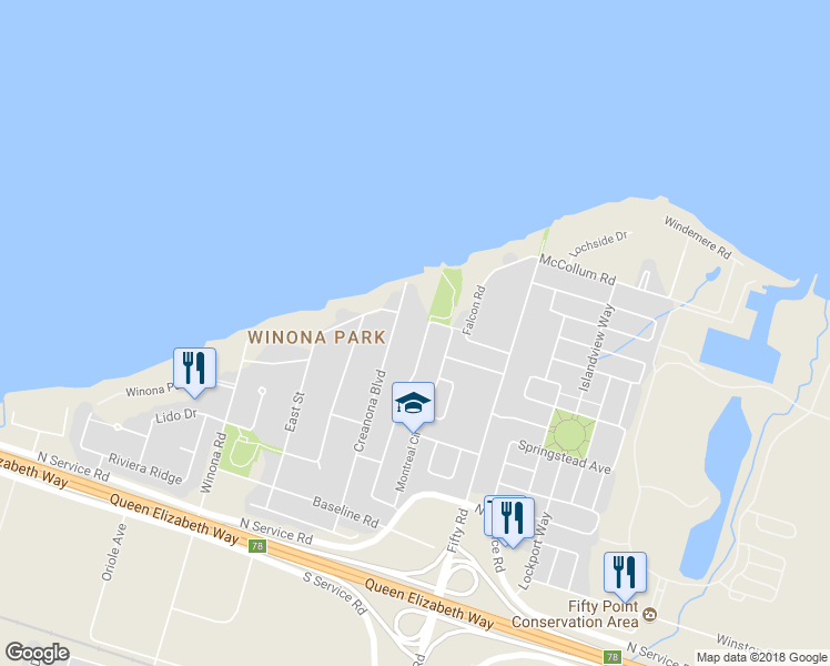 map of restaurants, bars, coffee shops, grocery stores, and more near 439 Montreal Circle in Hamilton