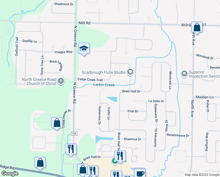 map of restaurants, bars, coffee shops, grocery stores, and more near 1179 Guinevere Drive in Greece