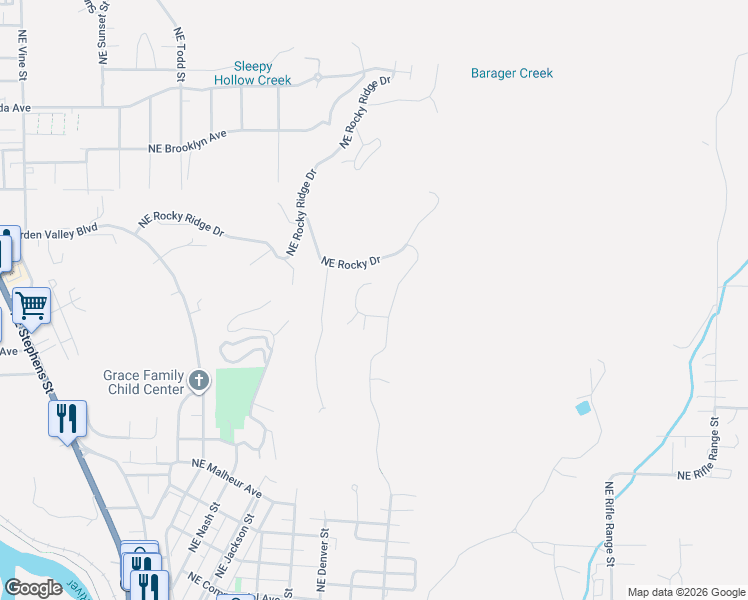 map of restaurants, bars, coffee shops, grocery stores, and more near 1698 Northeast Rocky Drive in Roseburg