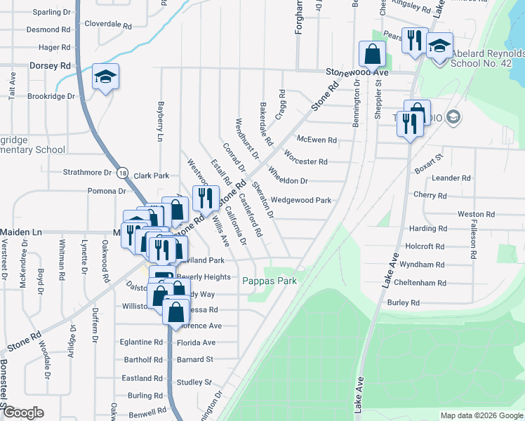 map of restaurants, bars, coffee shops, grocery stores, and more near 61 Castleford Road in Rochester