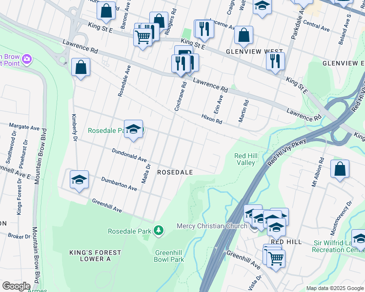 map of restaurants, bars, coffee shops, grocery stores, and more near in Hamilton