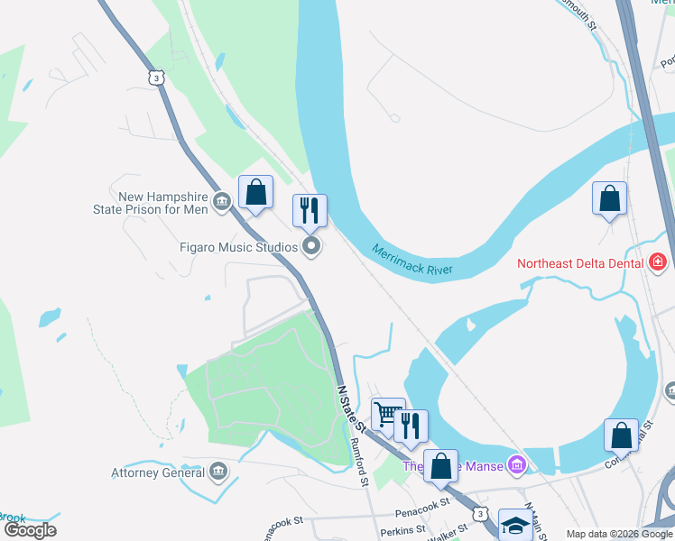 map of restaurants, bars, coffee shops, grocery stores, and more near 8 McGuire Street in Concord