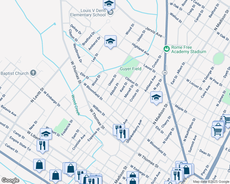 map of restaurants, bars, coffee shops, grocery stores, and more near 617 Elm Street in Rome