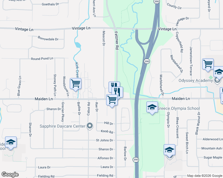 map of restaurants, bars, coffee shops, grocery stores, and more near 1340 Maiden Lane in Rochester